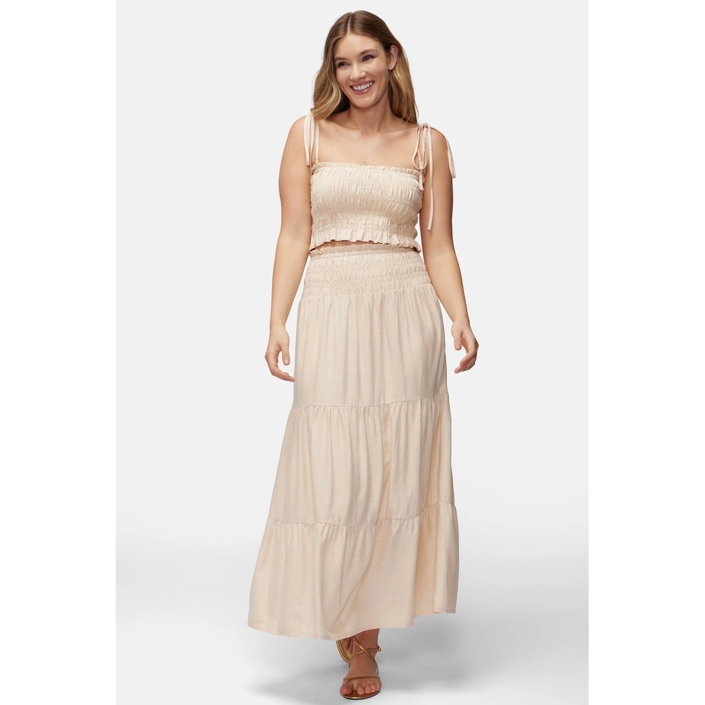 Wildfox Large Beige Louisa Maxi Skirt Linen Blend Boho Cottage Prairie NWT